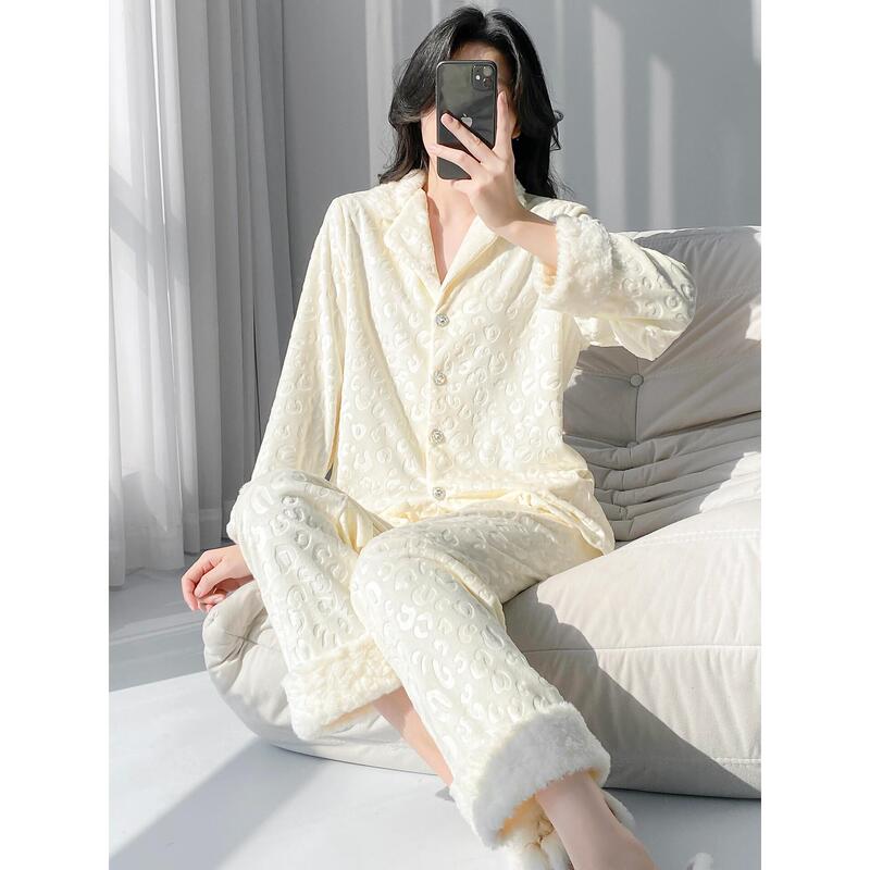 Island Velvet Cuff Fleece-Lined Pajamas for Women, Autumn and Winter 2026 New Style, Thick Double-Sided Velvet Long-Sleeve Loungewear That Can Be Worn Outside