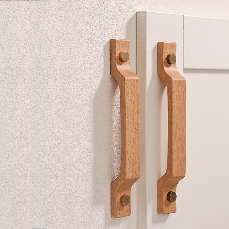 No-Drill Wooden Handle, Natural Wood Color Wardrobe Door Panel Drawer Door Window Sliding Door Handle, Solid Wood Grain Handle