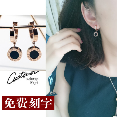 Korean version titanium steel rose gold ear pins femininity earrings Simple ear buckle Personality wild drop earrings tide ear ring lettering