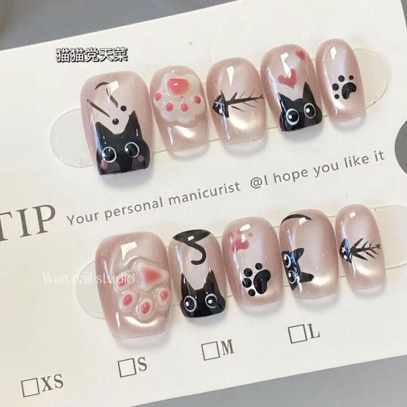Little Black Friend Kitten Cat Eye Handmade Wearable Nail Stickers Short Style Whitening Cute Cat Scratch Removable