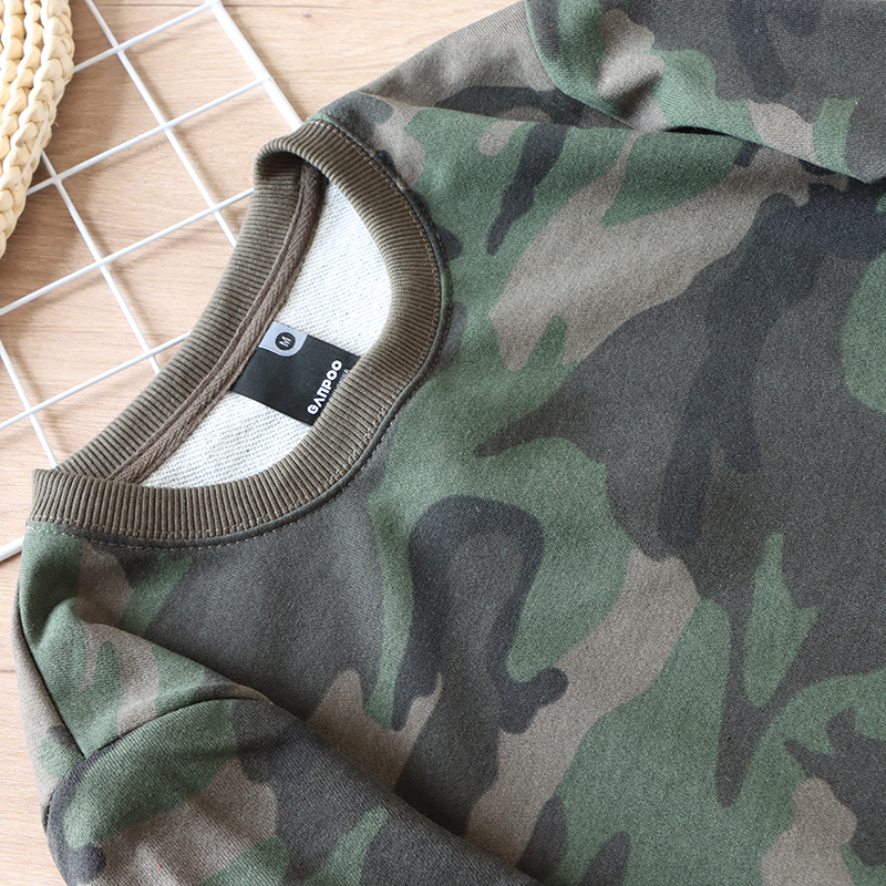 Heavy-Duty Green Camouflage Pure Cotton Terry Sweatshirt, Export European and American Men's Clothing, Cut Label, Japanese Vintage Army Green Style Pullover Jacket
