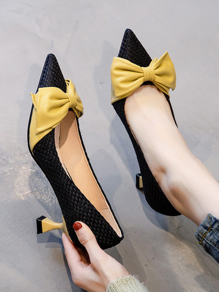 여성용 밀란 스튜디오 우븐 슈즈 한국 버전 다재다능한 보우 포인티드 토 컬러 블로킹 얕은 로우힐 여성용 하이힐