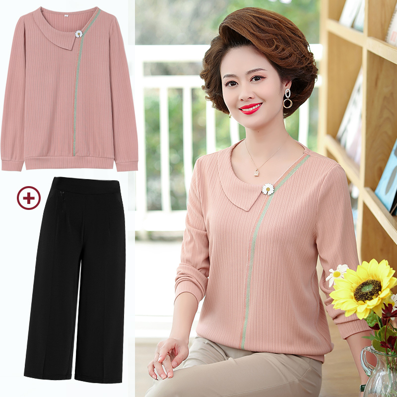 New mother spring and autumn bottoming shirt long-sleeved temperament age-reducing tops foreign style thin middle-aged women's T-shirt round neck suit - Taobao