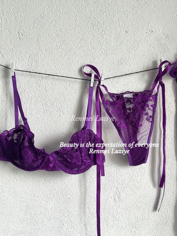 Renmeiluziye【Slightly Drunken Look】High-End Purple Lingerie Set with Ribbon Ties for Outerwear, Heavy-Duty Design