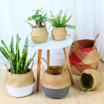 Nordic sea grass woven flower basket straw woven flower pot hand woven basket paradise bird piano leaf Banyan leaf Banyan green plant floor flower pot