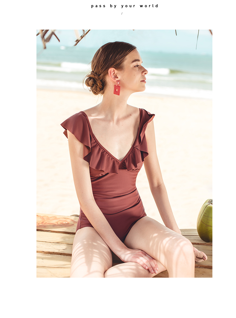 Yizi EZI áo tắm lá sen nữ ngực nhỏ thu thập retro bìa tay áo tắm nữ Xiêm tam giác áo tắm ins áo tắm - Bộ đồ bơi One Piece đồ bơi một mảnh