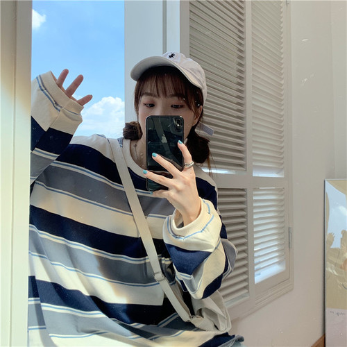 Sweater women's Korean 2020 spring and autumn stripe thin 75% polyester 25% cotton