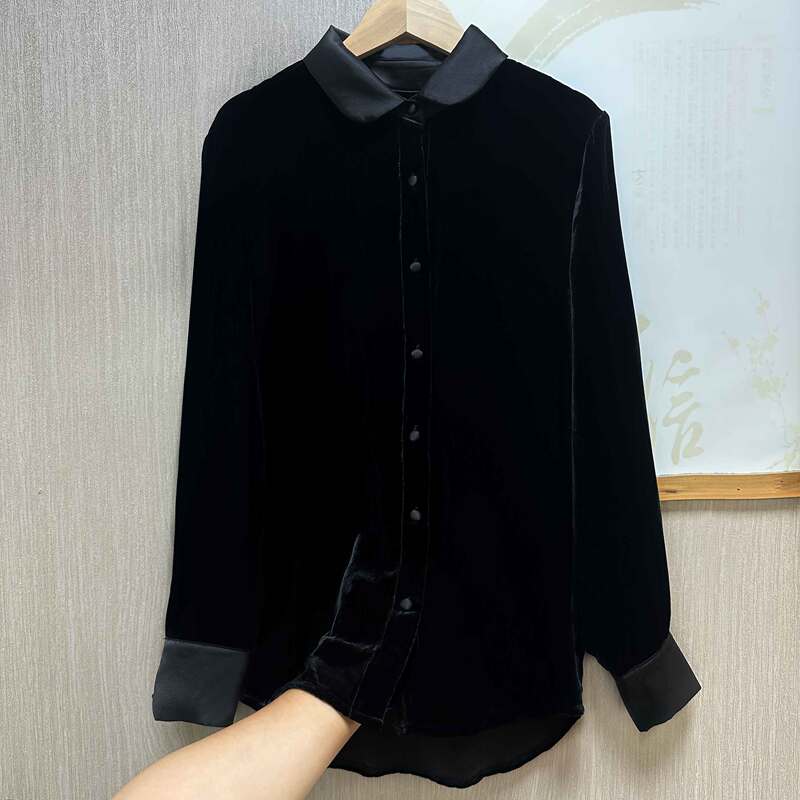 100% Mulberry Silk Velvet Shirt for Women, Light Luxury Turn-Down Collar Long Sleeve Fashion Single-Sided Shirt, Real Silk Velvet Top