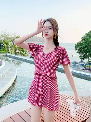 Swimwear women belly thin Conservative one skirt style flat corner large size plaid hot spring hipster students 2021 New