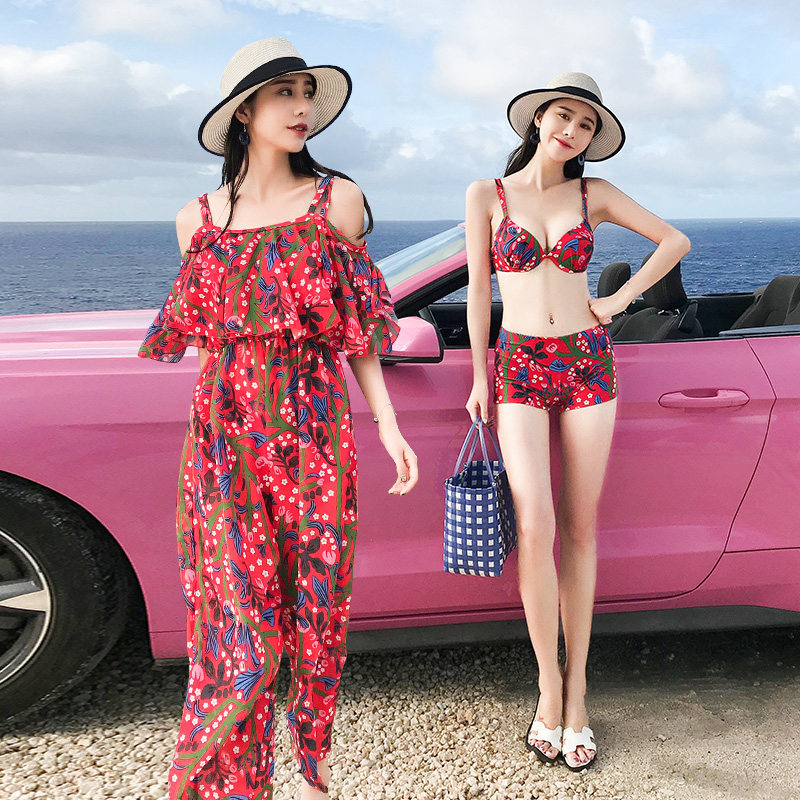 Swimsuit women's two-piece three-piece conservative cover belly steel support gathered Korea hot spring vacation slimming sexy swimsuit