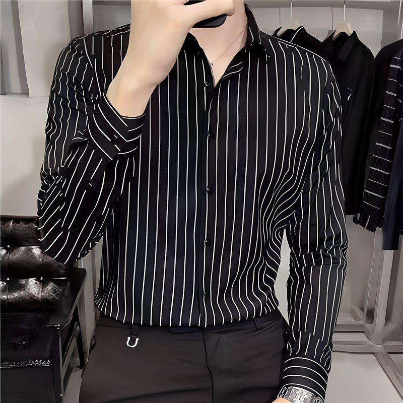 Spring and Autumn High-End Black Striped Shirt for Men, Long-Sleeved Business Casual Shirt, Slim Fit, No-Iron Men's Shirt Spring and Autumn High-End Black Striped Shirt for Men, Long-Sleeved Business Casual Shirt, Slim Fit, No-Iron Men's Shirt