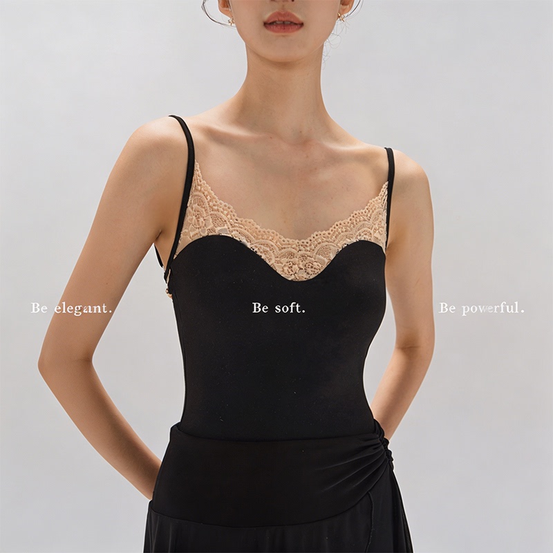Fomoi Ballet Lace-Trimmed Neckline Ballet Training Leotard with Straps to Gather Side Breasts