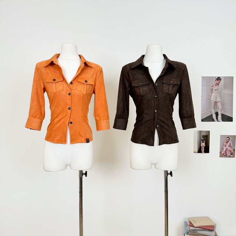4Mugle Sun Yi Zhao Zhaoyi Same Style Suede Shirt Half-Sleeve Workwear Shoulder Pad Shirt Spicy Girl Top 2026 Early Autumn
