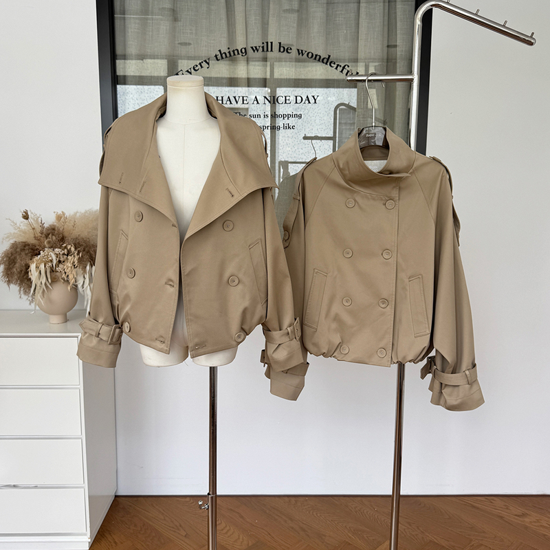 Oakmo Lyocell Cotton Double-Breasted Oversized Short Trench Coat Jacket for Autumn Wear with Stand Collar