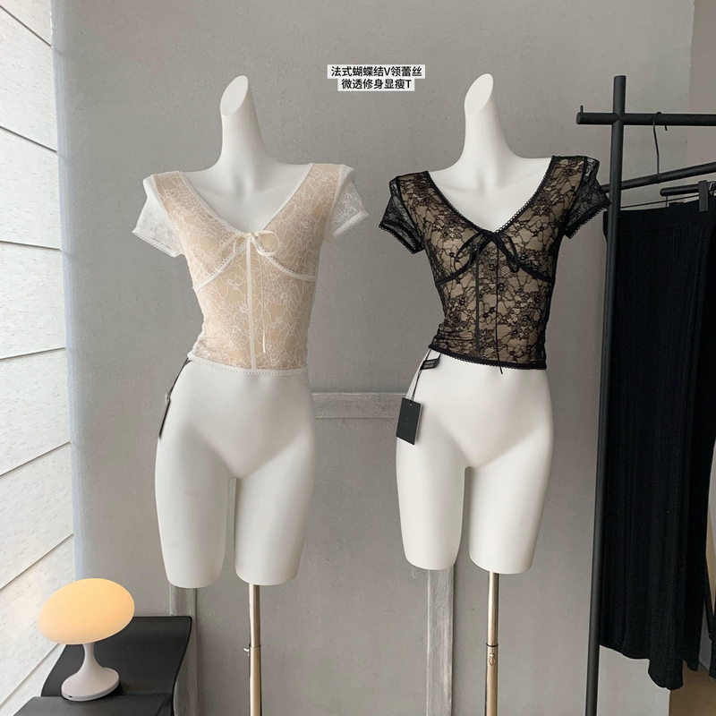Tongiuu Falei Bunny Bow V-Neck Lace Short-Sleeved T-Shirt Women's Slightly See-Through Slim Fit Top Summer Wear