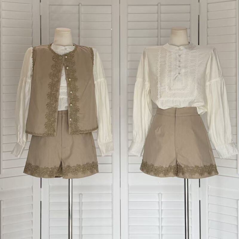 Yiywang Manor Old Dreams 80% Cotton 15% Lyocell 5% Linen Carved Lace Vest Lace Shirt Shorts Set