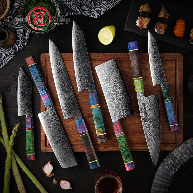 Guanrui Damascus Steel Kitchen Knife 10Cr15Comov High Carbon Steel Core Vegetable Cutting Meat Slicing Fruit Small Knife Set