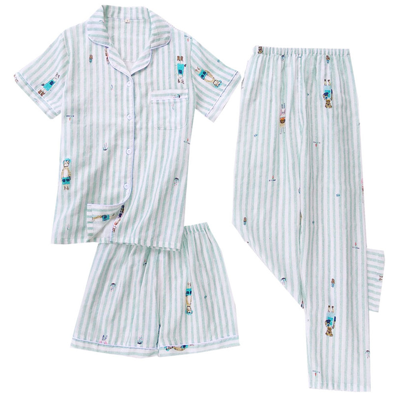 sợi bông Pyjama ba mảnh bộ womens mùa hè tay áo ngắn quần short hai lớp gạc mùa xuân và mùa thu bông nhà quần áo thiết mỏng.