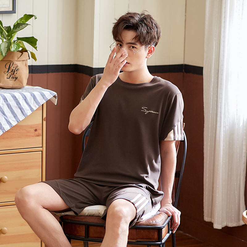 Summer mens pajama ngắn tay quần short bông bộ xuân hè quần bảy điểm mỏng boy bông quần áo nhà mùa xuân.