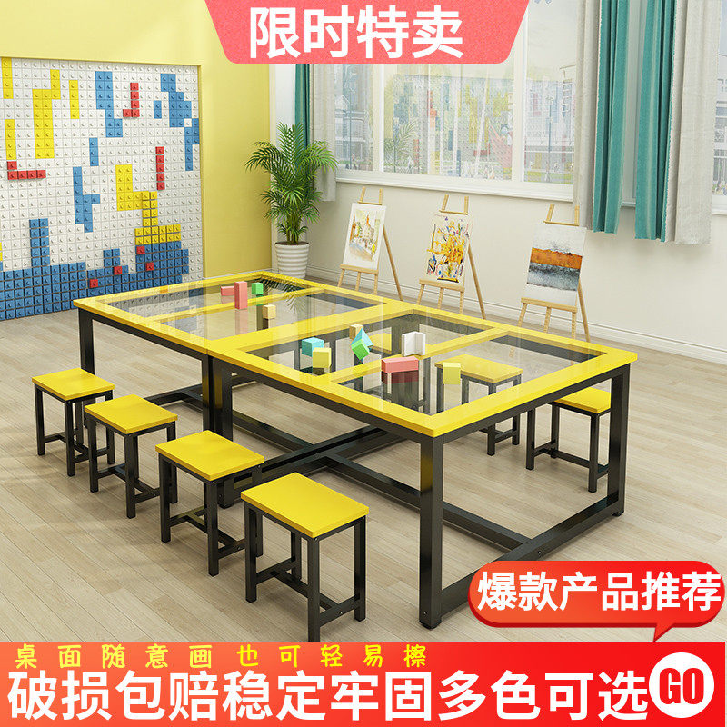 Kindergarten glass table table and chairs Children's books room drawing room Multi-person table color dining table and chairs in imitation table English class