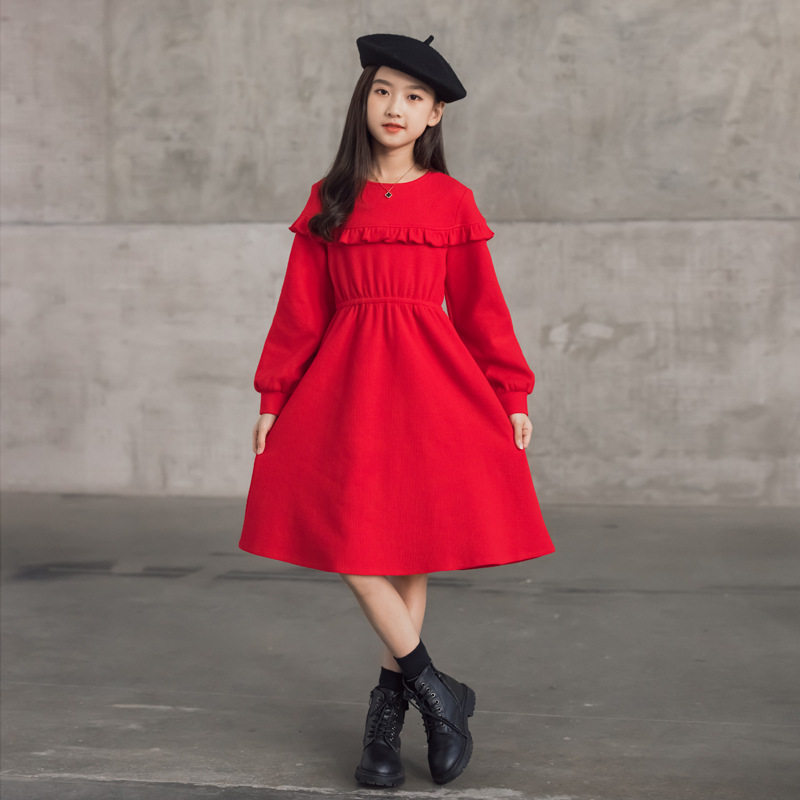 South Korea SZ Autumn Winter 2021 new collection waist lantern sleeves Long sleeves A-word dress CUHK Scout dress girl ocean wave