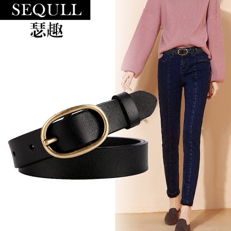 Seaner belt female slim Jean about 100 hitch genuine leather Korean version student Decorative Casual Lady Belt Bull Leather Needle Buttoned Bull