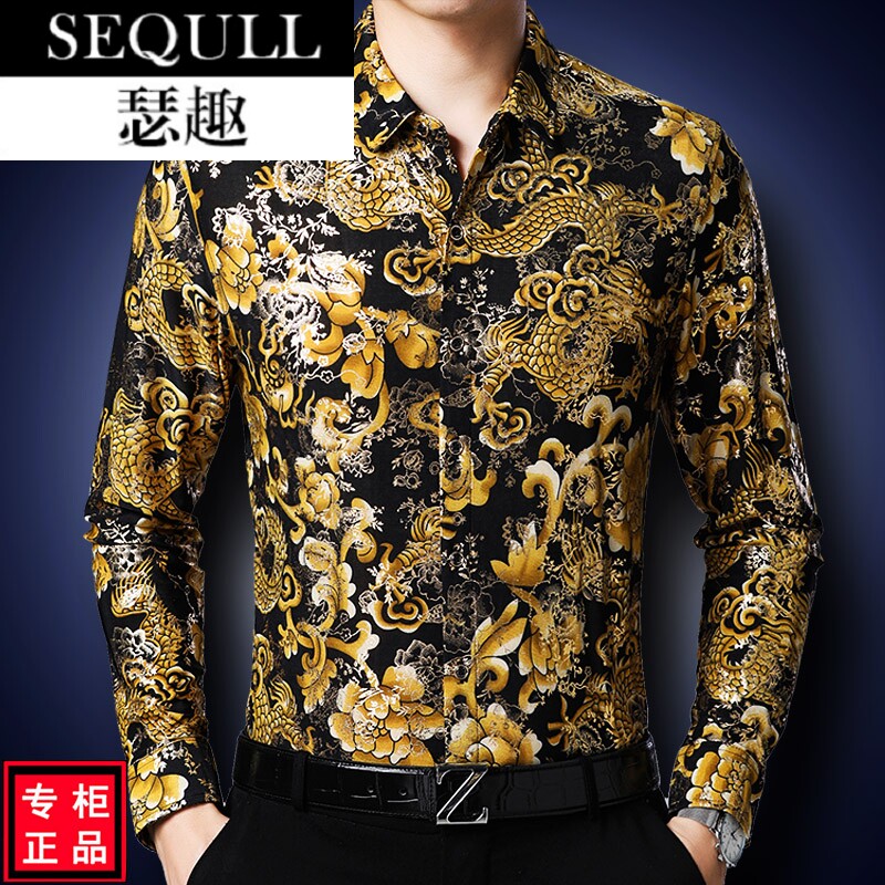 Serqu clothes personality flower long-sleeved shirt men's China dragon loose print shirt dragon pattern spring and autumn thin