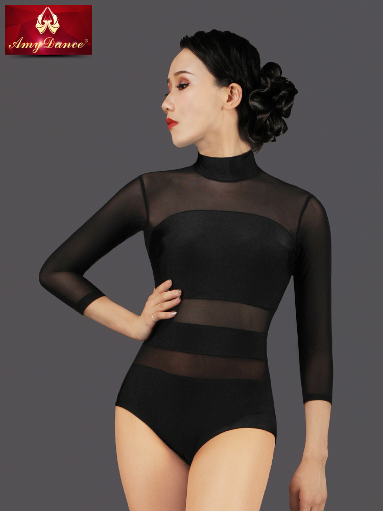 Amy dance suit Latin dance suit Female dance top Female mid-sleeve sexy see-through turtleneck jumpsuit dance practice suit