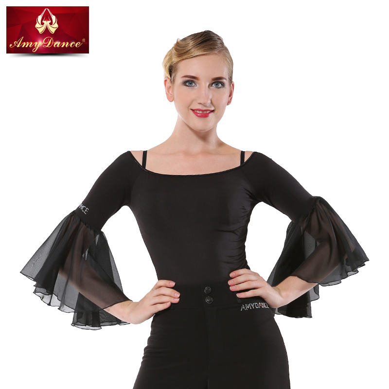 Amy dance dress Latin dance top Female adult fashion flared sleeves one-word collar slim professional college practice clothes