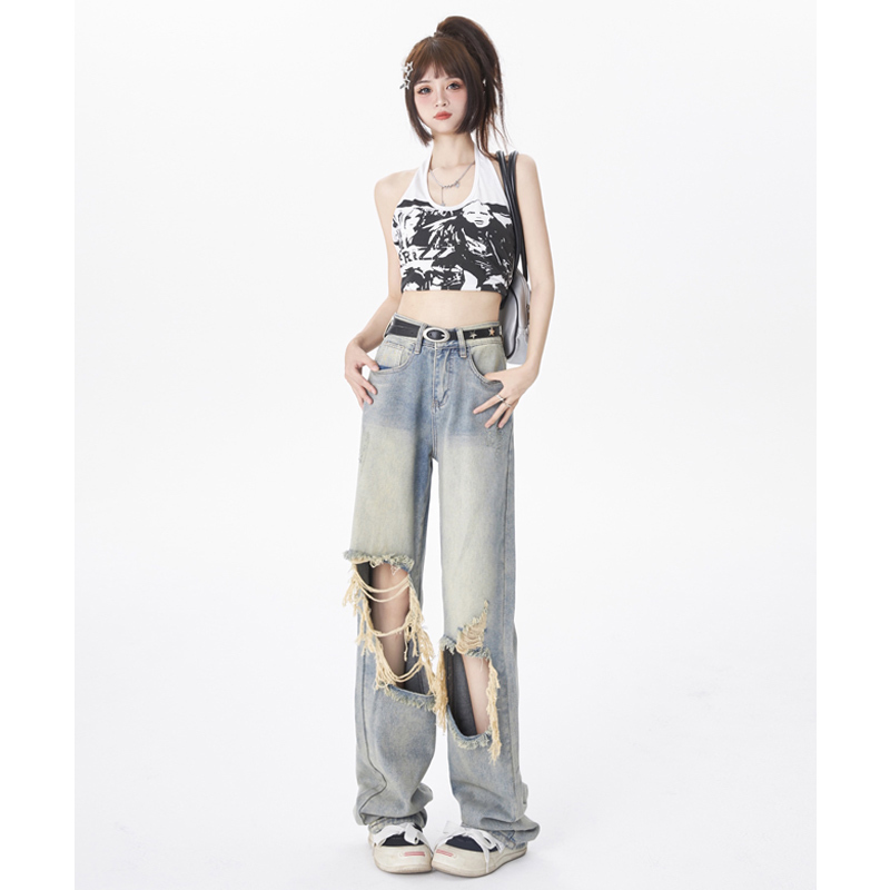 Jiyilian Ripped Jeans for Women, Spring 2026 New Style, Straight Wide-Leg, Unique Design Distressed Pants