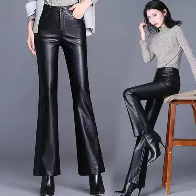 Tide brand autumn and winter 2020 new Joker leather pants women's high waist Korean version of thin Bell pants plus velvet wear micro long pants