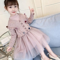 Girls Autumn Suit 2020 Spring fashionable knitted long sleeve wooden ear cardigan Mesh skirt Little girl two-piece set