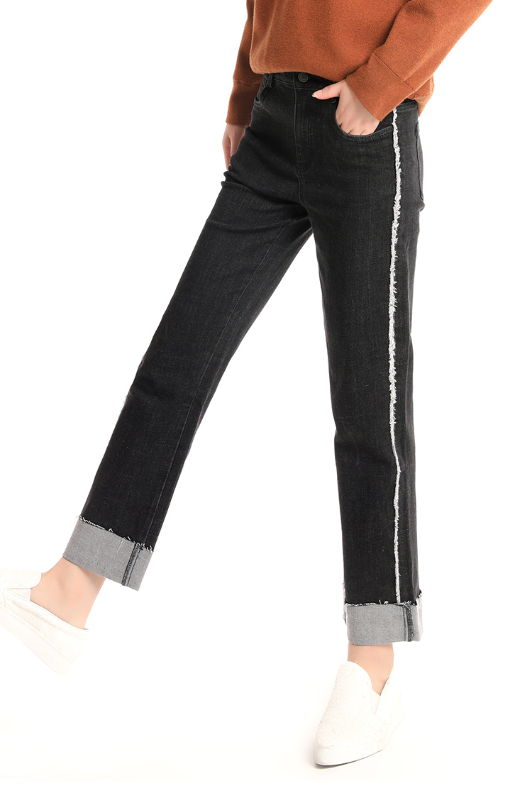 逸阳女裤2018新款休闲百搭裤脚挽边中直筒牛