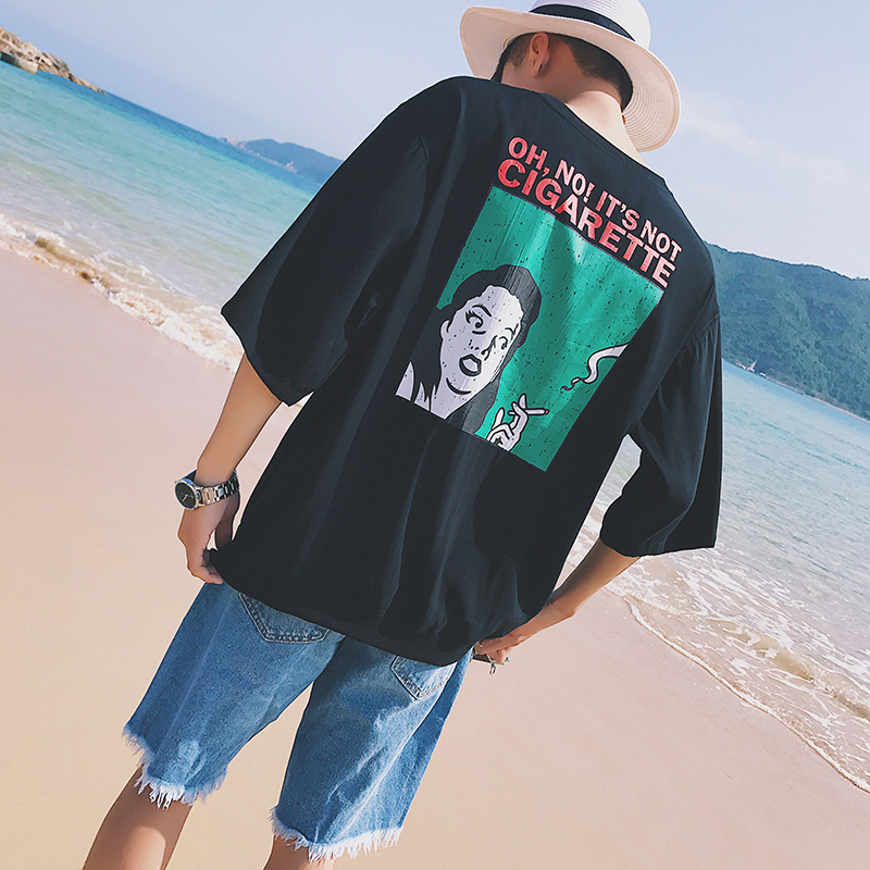 港風夏季新款歐美抽象人像印花潮流情侶半袖五分袖短袖男