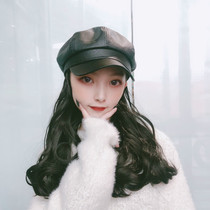 Autumn and winter new hat wig womens one-piece long curly hair PU leather cap sweet cool girl long hair spot