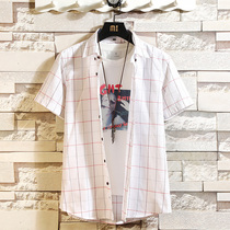 Junior high school students plaid shirt 12-15 years old handsome short-sleeved T-shirt 13 Boys jacket 14 summer clothes