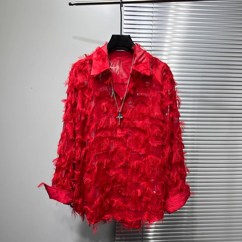 Stage Performance Personalized Feather Tassel Shirt for Men, High-End Trendy Loose Design Niche Red Long-Sleeve Shirt