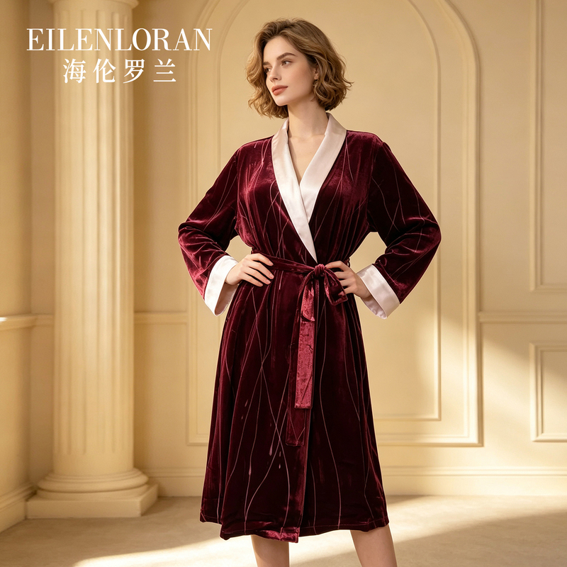 Helen Roland 100% Mulberry Silk Velvet Autumn and Winter Nightgown, Elegant, Casual, Slim, Versatile, Long Style 81041528