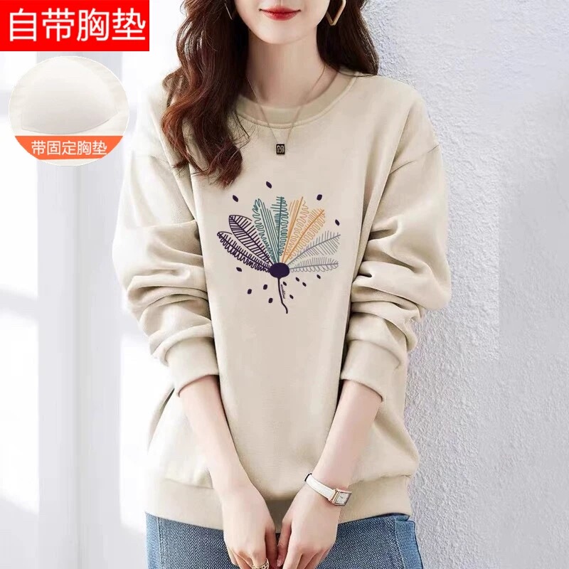 Women's Cotton Long-Sleeved Top with Chest Pads, Can Be Worn Outside, Sweatshirt, Spring and Autumn, Loose T-Shirt, Single Piece, Pajamas, Plus Size Base Shirt
