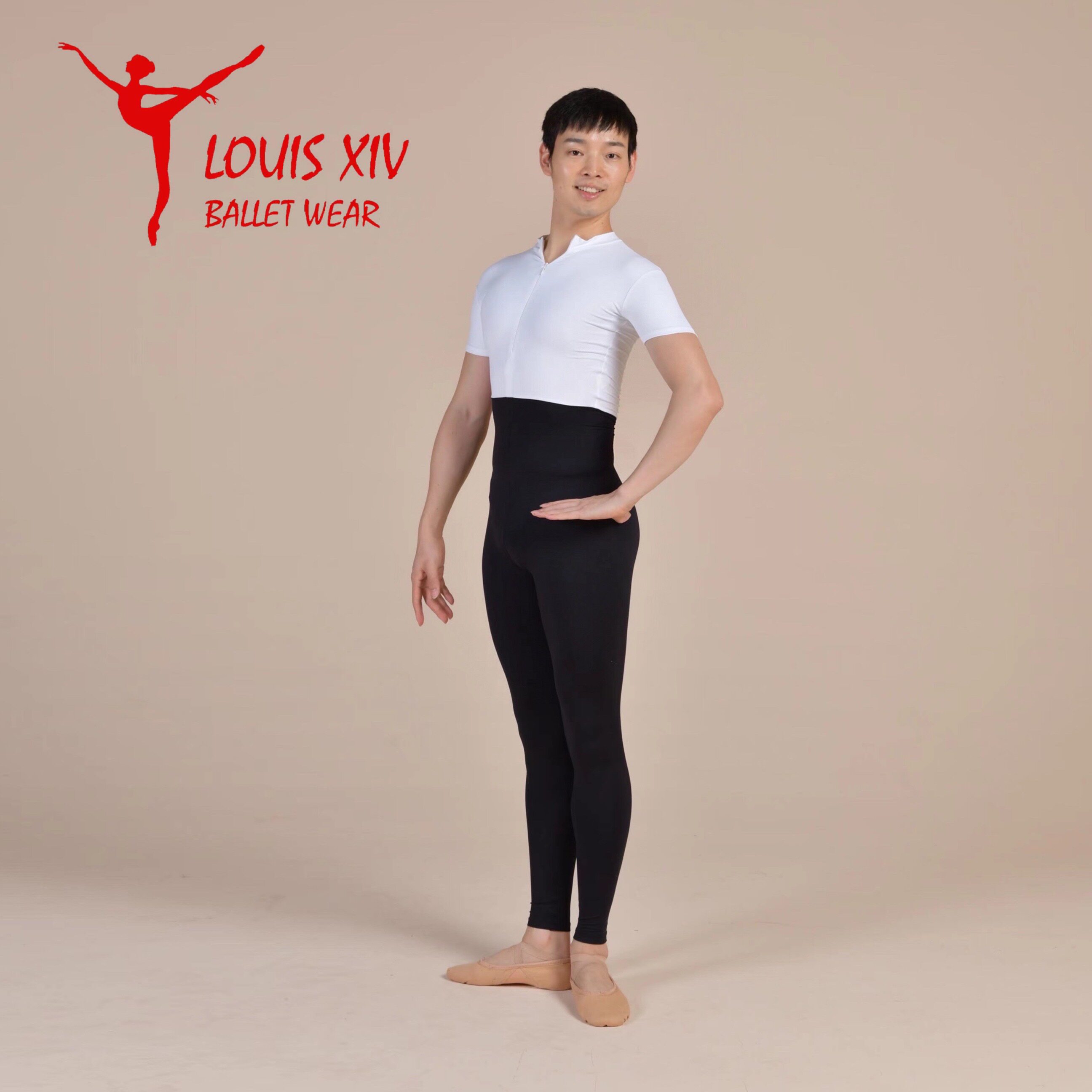 LOUIS XIV Ballet Boys Adult Professional Workout Jumpsuit High Neck Short Sleeves Panels Black Cropped Pants