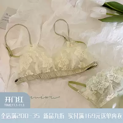 French triangle cup embroidered ultra-thin underwear set without steel ring big chest small breathable small chest bra underwear