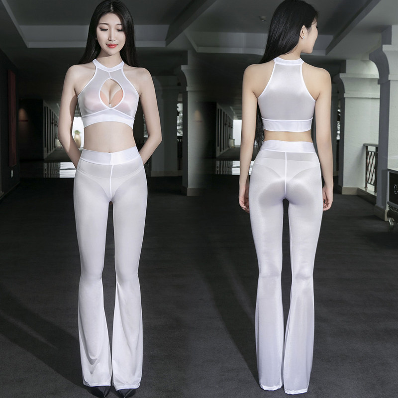 Temptation Ice silk long pants ultra-thin high-bounty silk sliding open gear Trumpet Pants Anchor Bar Transparent Skinny Pants Lady