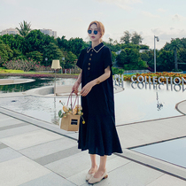 Small maternity dress Hot mom short sleeve loose T-shirt dress Pregnant summer out personality lapel skirt