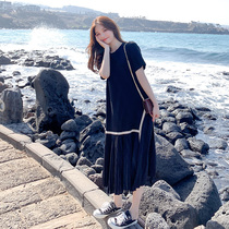 Maternity dress Fashion hot mom personality stitching T-shirt long dress Loose belly late pregnancy summer skirt