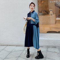Pregnant womens autumn dress Korean version of tide mother long color matching stitching pregnant womens skirt loose pleated skirt during pregnancy