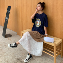 Maternity dress summer 2020 new fashion mom fake two-piece chiffon stitching fishtail skirt Korean version short-sleeved t-shirt