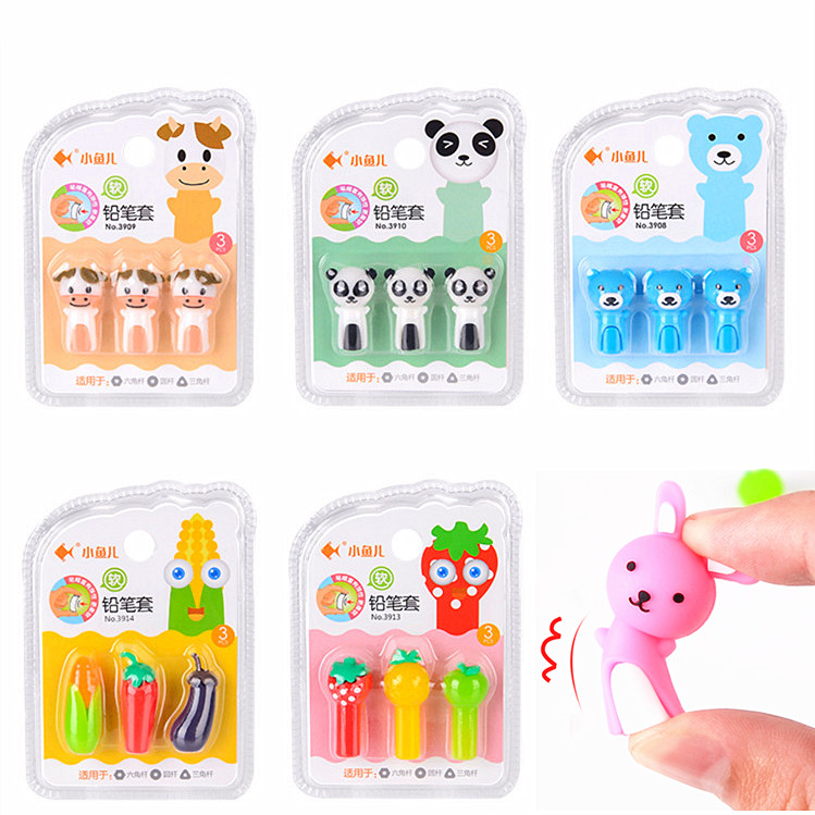 Creative Soft Glue Pencil Cap Soft Glue Grip Pens elementary school students cute pencil protection caps Pen Cap Cartoon Animal Fruit Pattern Pencil Anti-Fall Protection Pen 4 Cards