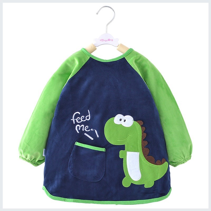 2-3-4 year old boy dinosaur pattern 1 Children baby eating blouse winter waterproof boys long sleeve rice bib pocket