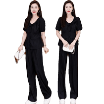 2024 new summer style thin fashionable wide-leg sweatpants suit womens western style short-sleeved sweatpants two-piece set