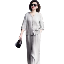 High-end ramie plus size 2024 summer new linen shirt middle-aged mother fashionable wide-leg pants two-piece suit